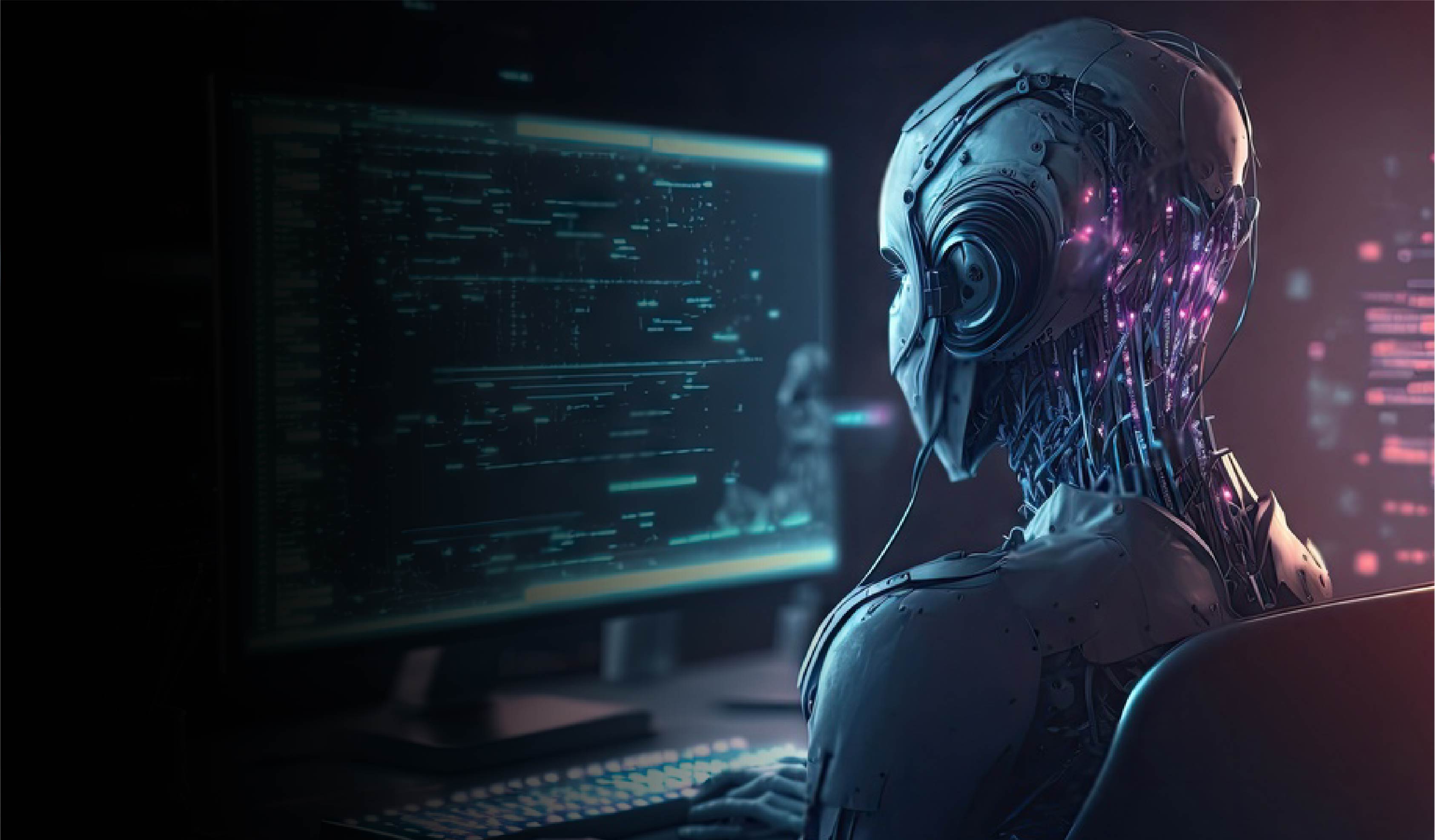 An intelligent robot working at a computer